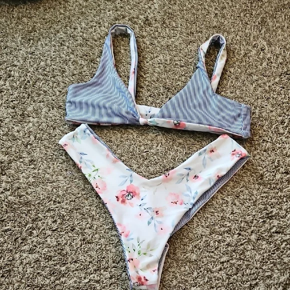 Skatie Striped and Floral Bikini Set - Picture 1 of 4